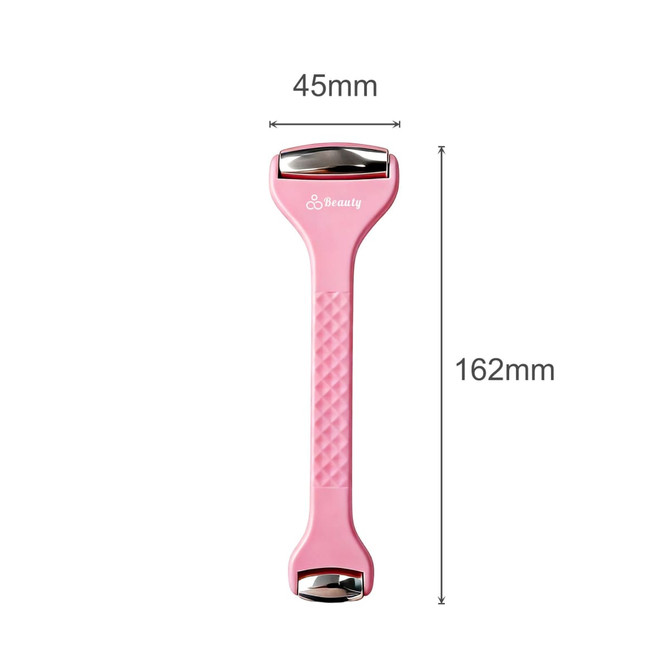 A pink ice massager roller with double heads, featuring a textured handle and a logo. Dimensions are 45mm by 162mm.