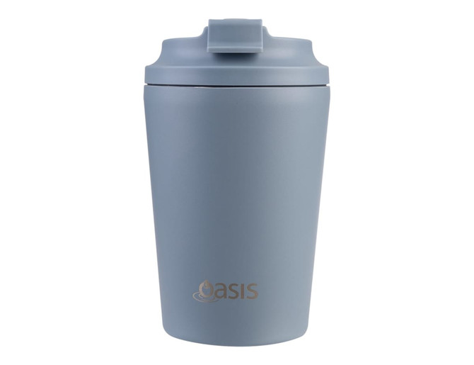 A drink bottle in a muted blue shade with a lid and an embossed logo on the front.