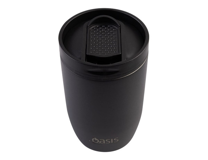 A drink bottle in matte black with an insulated design and a leakproof lid, featuring a logo.