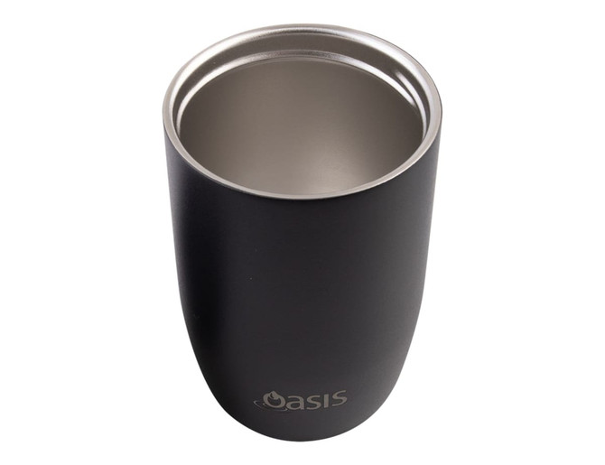 A drink bottle with a matte black exterior and a stainless steel interior, featuring a logo at the base.