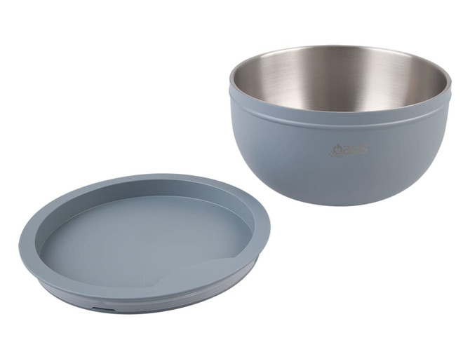 A double wall salad bowl in a soft blue colour, featuring a stainless steel inner bowl and a matching lid.
