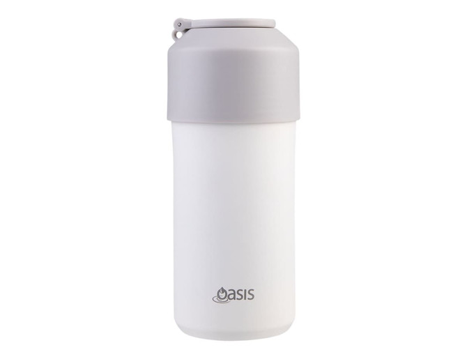 A drink bottle in white with a grey lid, featuring a logo on the side.