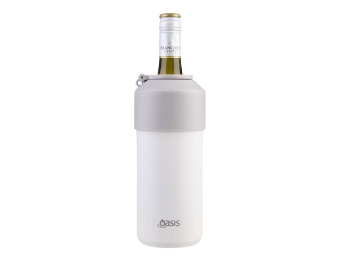 An insulated stainless steel wine cooler in white and grey, designed to hold a bottle of wine. It features a logo.