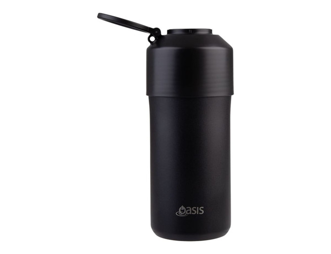 A stainless steel wine cooler in matte black with a secure lid and a logo.