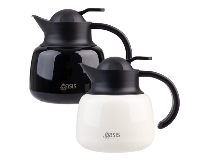 A drink bottle set featuring a black and a white insulated teapot with strainers, both with a handle and logo.