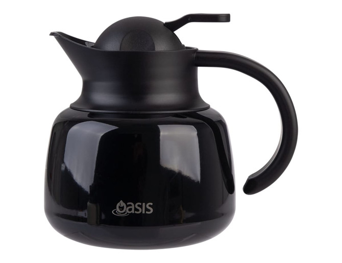 A drink bottle in a sleek black design, featuring a handle and a lid, complete with a strainer and branding.