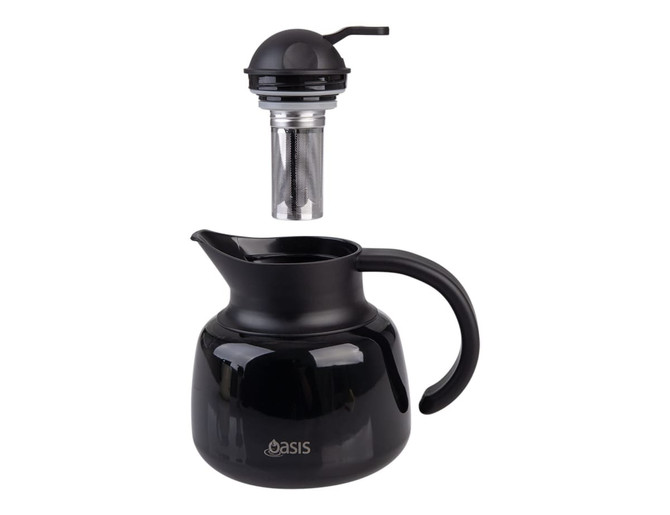 A black insulated teapot with a strainer, featuring a logo on the front.