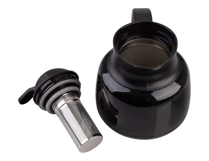 A black insulated teapot with a metallic strainer, featuring a sturdy handle for easy pouring.
