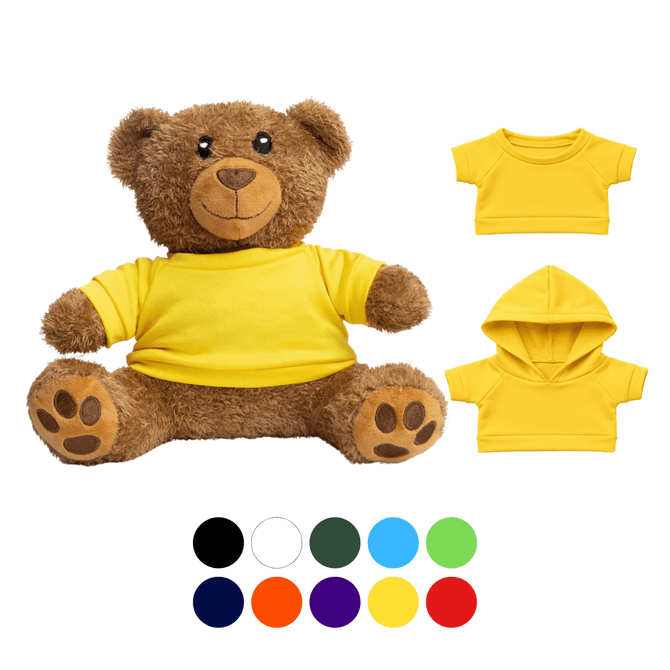 A plush teddy bear in brown with a yellow T-shirt, accompanied by interchangeable outfits in various colours.