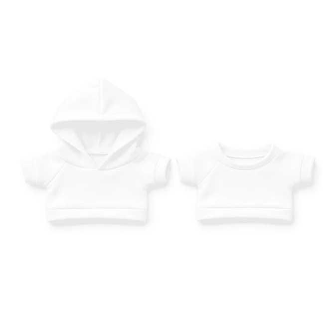 Two white plush toy outfits, including a hooded top and a short-sleeved top, both featuring a simple design.