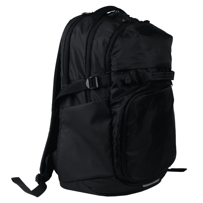 A black computer backpack with multiple compartments and adjustable straps, featuring a logo on the front.