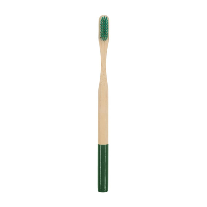 A bamboo toothbrush with a large round handle featuring a green and natural wood colour design. It has a logo.