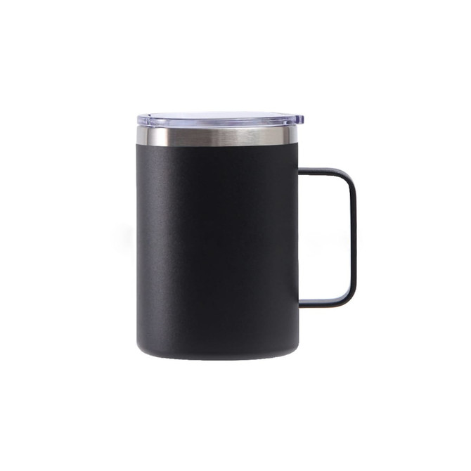 A stainless steel cup with a black matte finish, handle, and clear lid, available in multiple sizes.