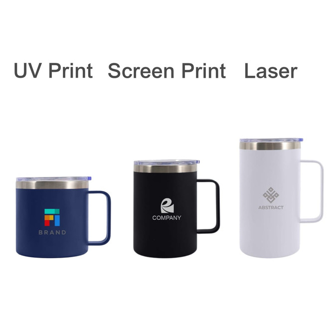 A stainless steel cup with a handle available in navy, black, and white, featuring a logo on each model.