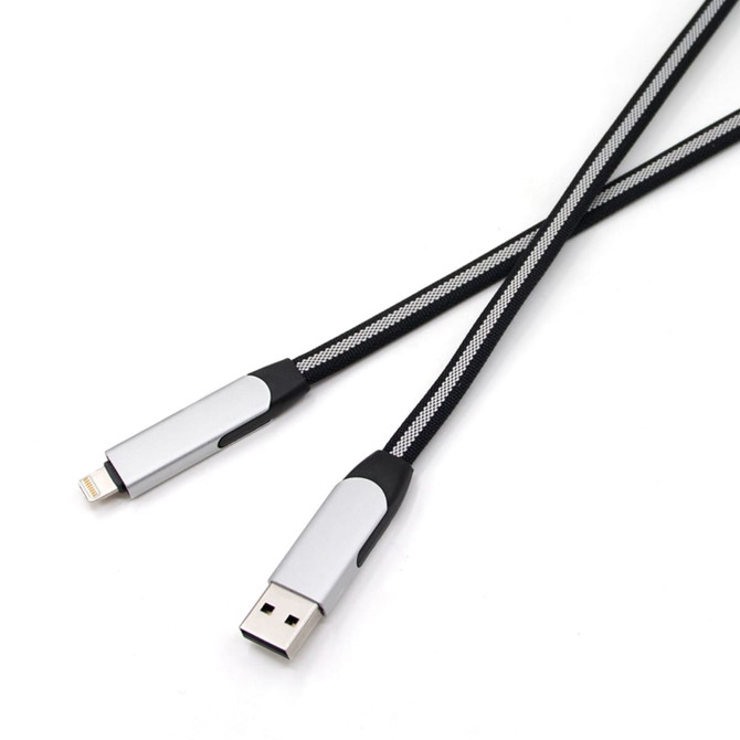 A 60W 6-in-1 long braided charging cable in black and silver, featuring multiple connectors and a sleek design.