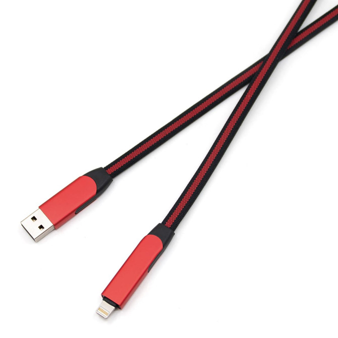 A braided charging cable in red and black, featuring USB and Lightning connectors at both ends.