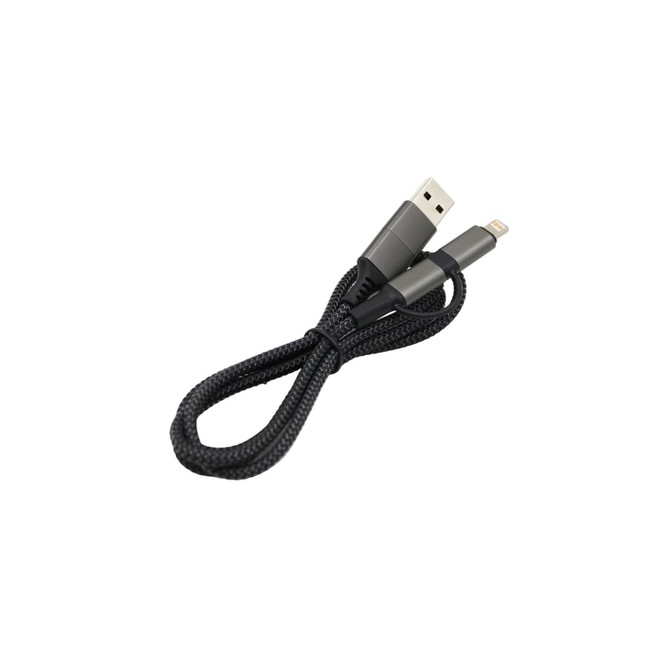 A braided charging cable in black, featuring a USB connector and a Lightning connector, with a sleek, grey design.