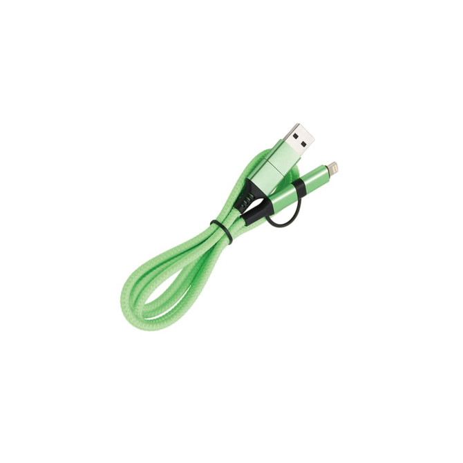 A 60W long braided charging cable in bright green with USB and Lightning connectors, featuring a sleek design.