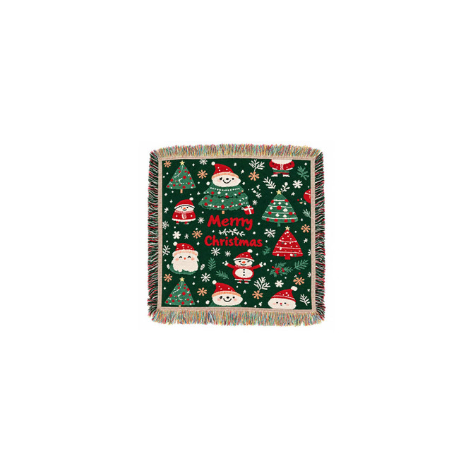 A green tapestry blanket featuring Christmas designs, including trees, snowmen, and festive decorations.