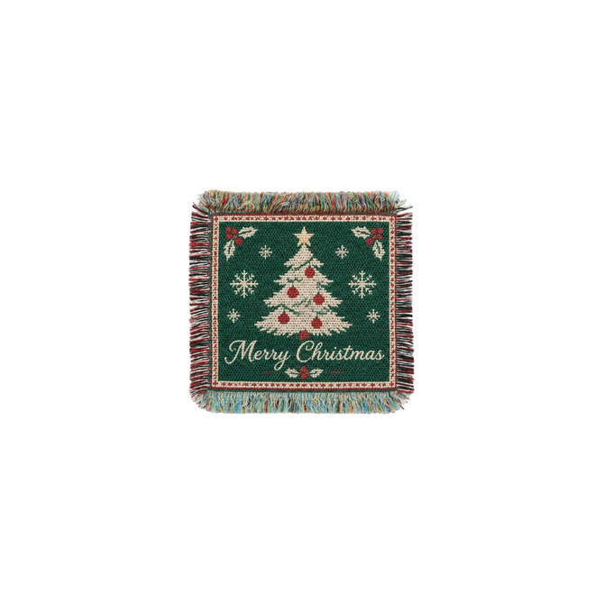 A festive green coaster featuring a Christmas tree, snowflakes, and holly, with fringe edges and a decorative design.