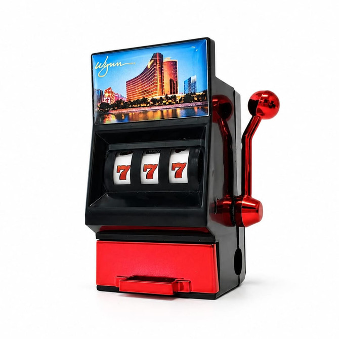 A 777 slot machine fridge magnet in red and black, featuring a glossy front with a lever and branding.