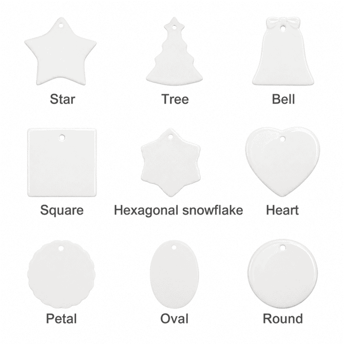 A set of nine white ceramic ornaments in various shapes: star, tree, bell, square, hexagonal snowflake, heart, petal, oval, and round.