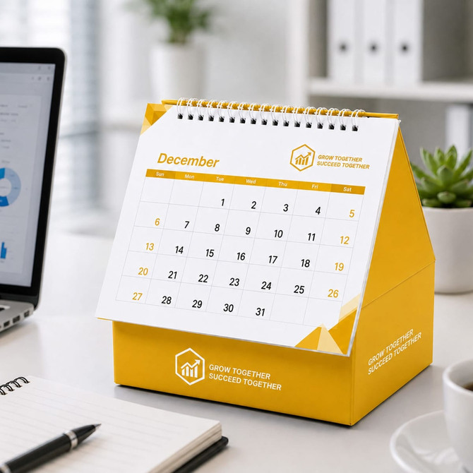 A yellow desk calendar with an organiser, featuring a spiral binding and displayed on a workspace with a notebook and laptop.