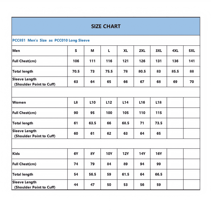 A size chart displaying measurements for men's, women's, and kids' long sleeve polos, including chest and length sizes.