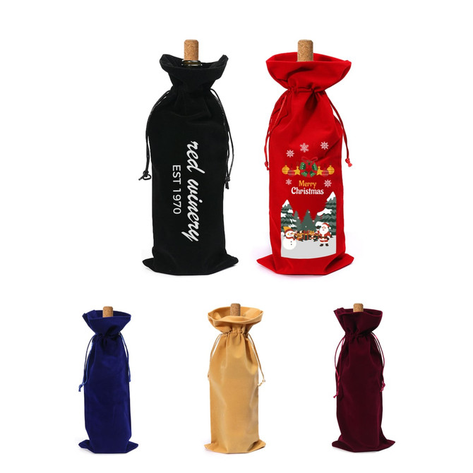 A drawstring flannel wine bottle bag in black, red, blue, gold, and burgundy with festive designs and a logo.