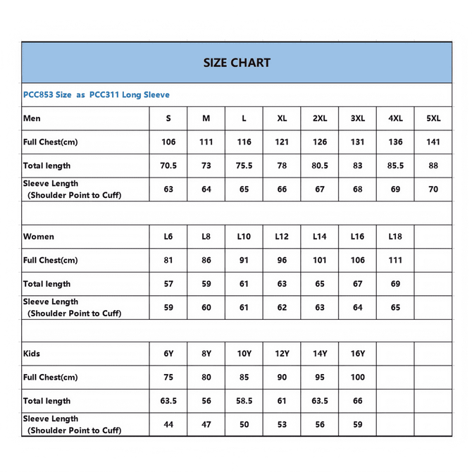 A size chart displaying measurements for unisex, women's, and kids' long sleeve polos, organised by sizes and dimensions.