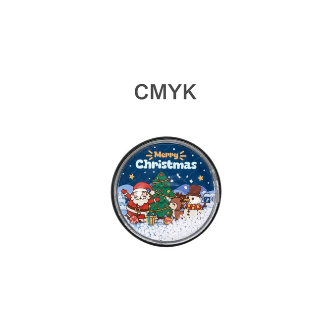 A round snow globe fridge magnet featuring Santa, a reindeer, and a snowman, with a blue background and festive design.