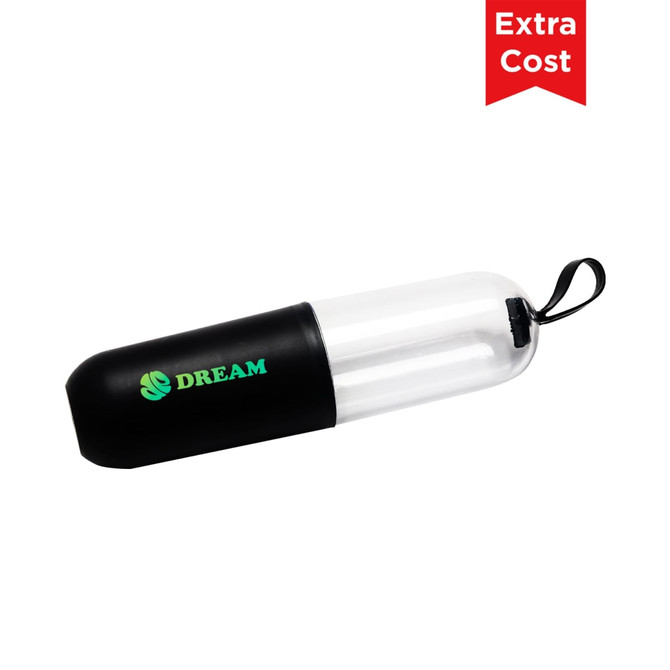 A capsule-shaped storage container with a black bottom and clear top, featuring green branding and a carrying loop.