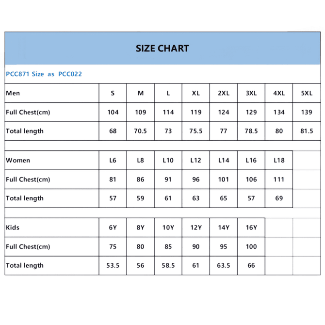 A size chart featuring measurements for men's, women's, and kids' t-shirts in various sizes.