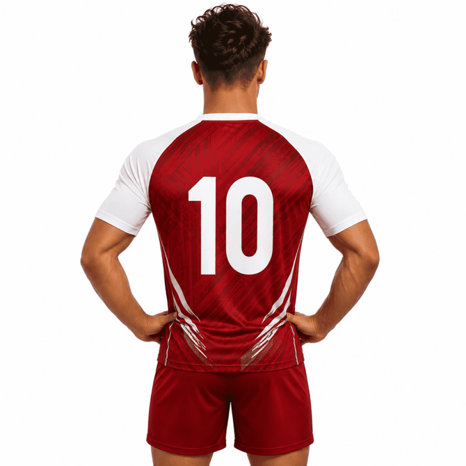 A red and white v-neck raglan sport tee shirt with the number 10 on the back, featuring a logo.