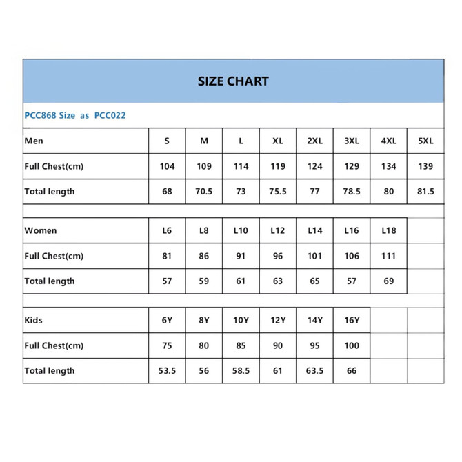 A size chart detailing measurements for men’s, women’s, and kids’ apparel in various sizes.
