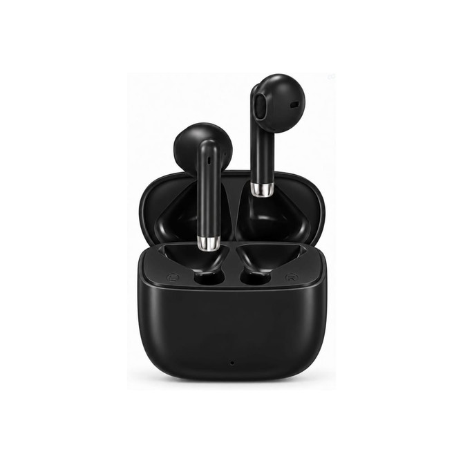 Half in-ear design earbuds in black, placed inside an open charging case with a sleek, modern look.