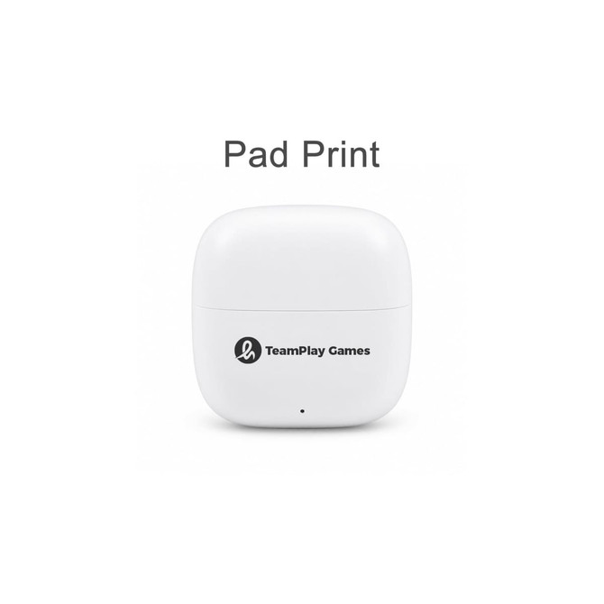 A white case for earbuds featuring a logo, designed for pad printing. The case is smooth and compact.