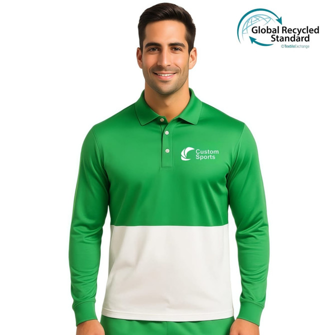 A green and white long-sleeved unisex polo shirt made from RPET milk silk with a logo on the chest.