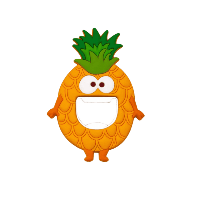 A drink bottle opener in the shape of a cheerful pineapple, featuring orange and green colours, with a friendly face and arms.