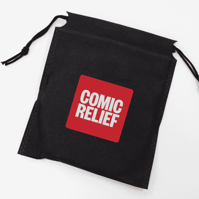 A black drawstring pouch featuring a red square with a white logo.