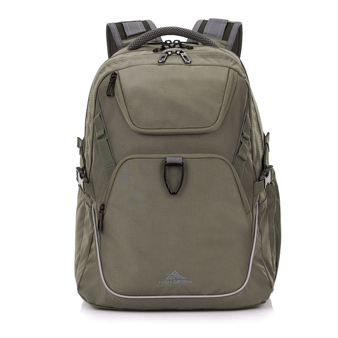 A green High Sierra Access 4.0 backpack with multiple compartments and a logo, featuring padded shoulder straps.