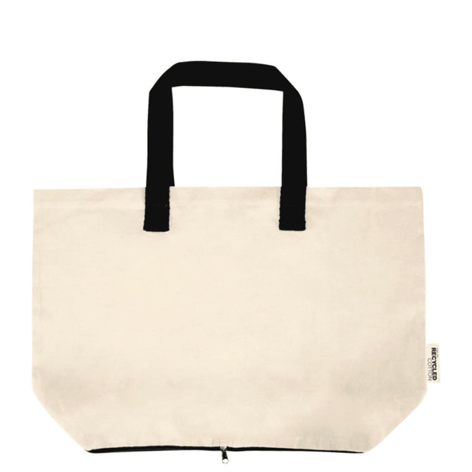 A beige foldable tote bag with black handles and a zip closure, featuring a logo on the side.