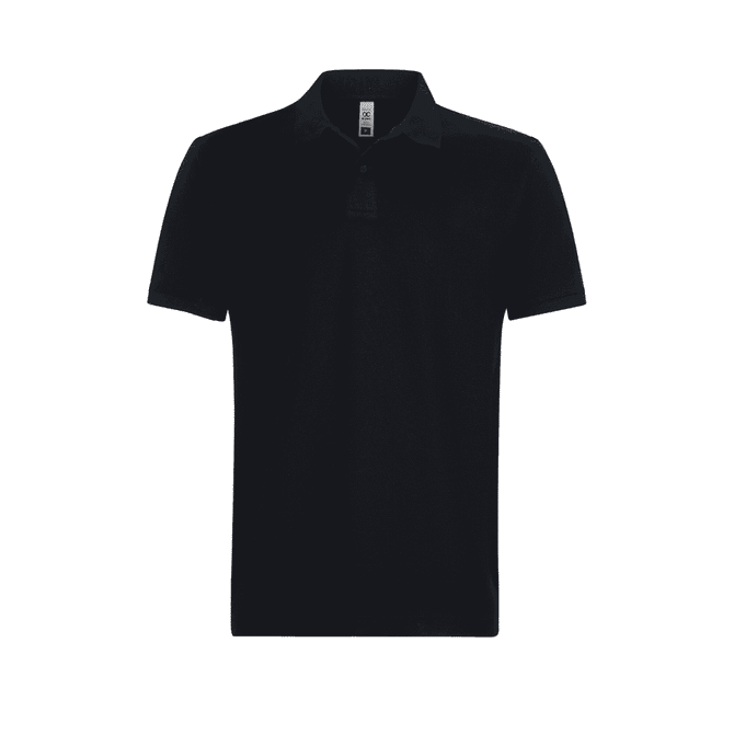A black men's polo shirt with a collar and short sleeves, featuring a logo on the chest.
