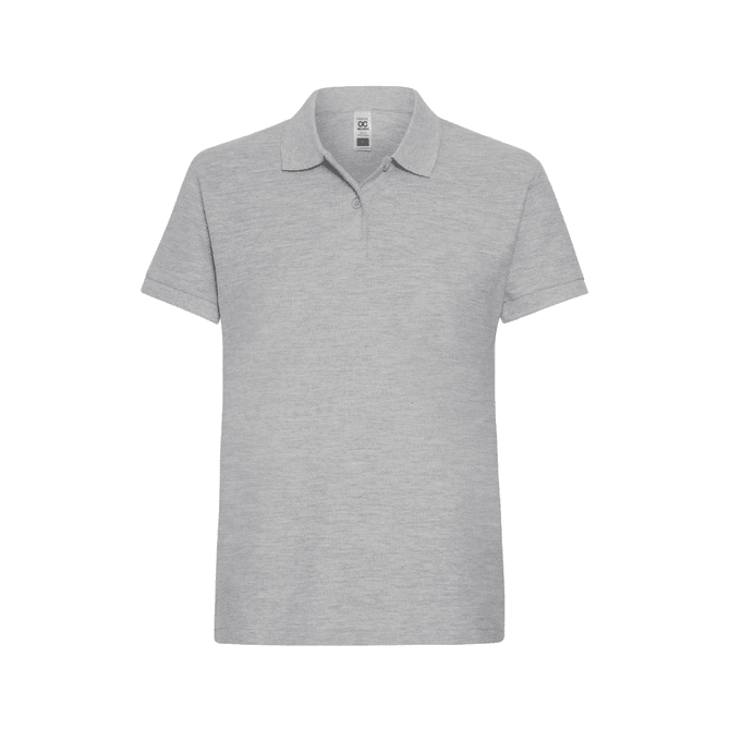 A grey women's polo shirt with a collar and short sleeves, featuring a branded logo.