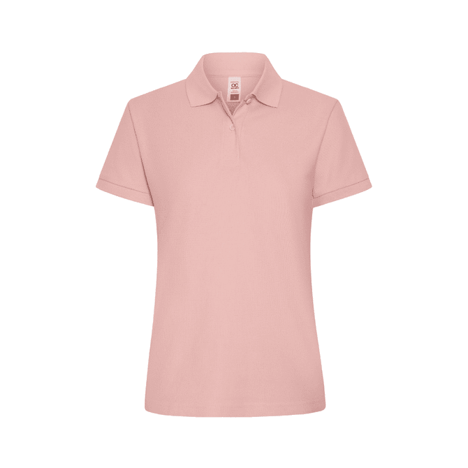 A women's polo shirt in a soft pink colour, featuring a collar and short sleeves. It has a logo on the front.
