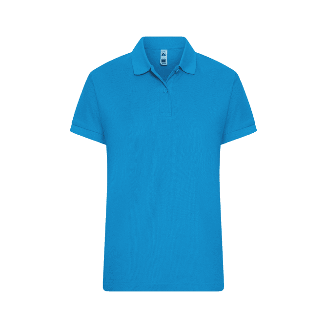 A blue women's polo shirt with a classic collar and short sleeves, featuring a logo.