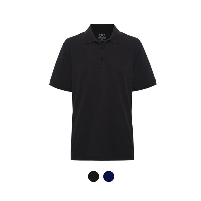 A black polo shirt with a collar, featuring a logo. Available in black and navy.