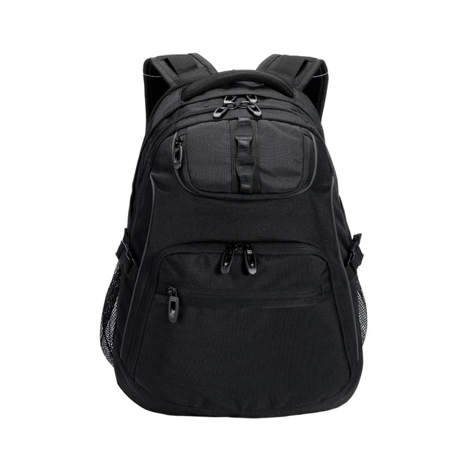 A black backpack with multiple zippered compartments and mesh side pockets, featuring adjustable shoulder straps.