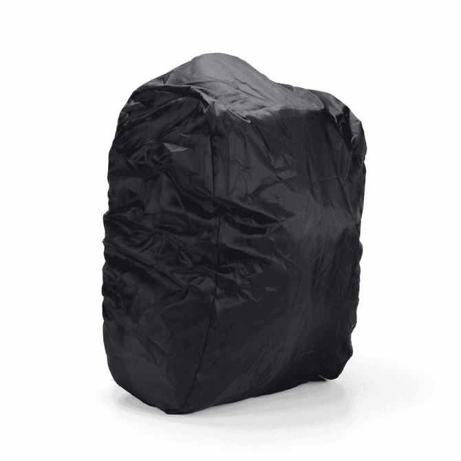 A black backpack with a smooth surface and a slight sheen, featuring a logo on the front.