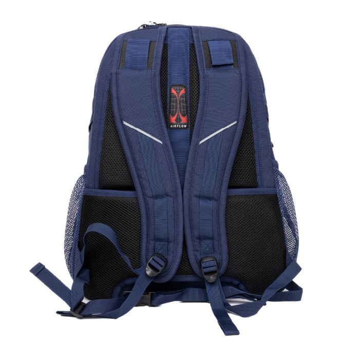 A navy blue backpack with mesh side pockets and padded straps, featuring a logo on the back.